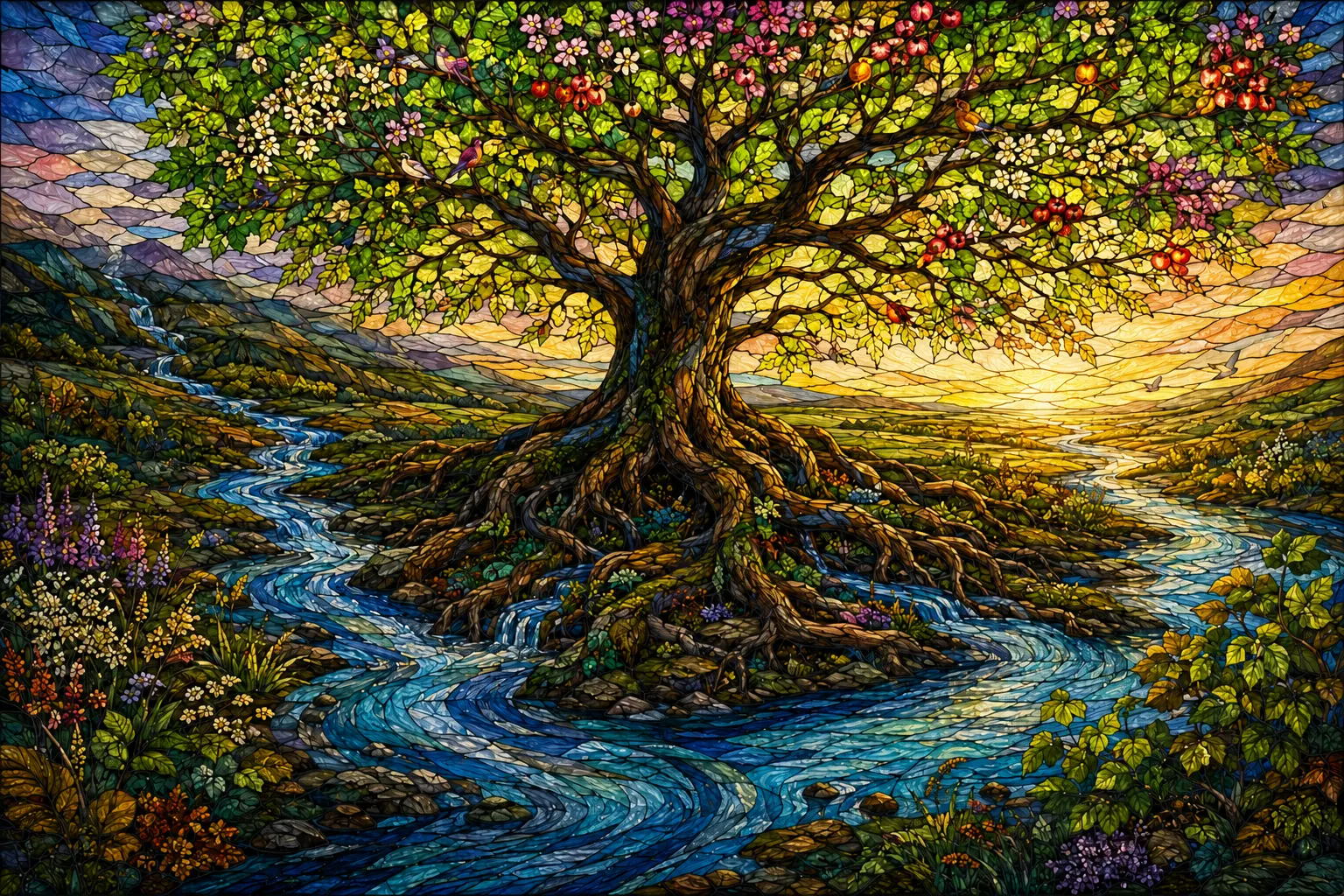 A luminous Tree of Life covered with leaves, blossoms, and abundant fruit beside flowing water.