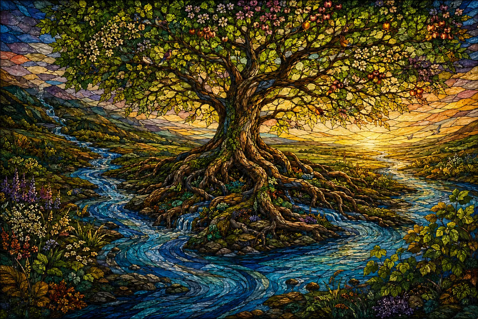 Old wood and bright new growth living together in the Tree of Life beside the river.