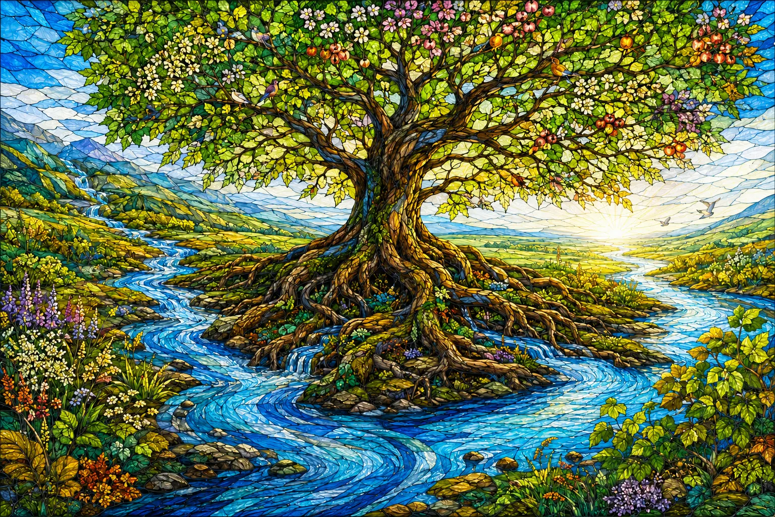 A bright river flowing beyond the Tree of Life toward an open horizon.