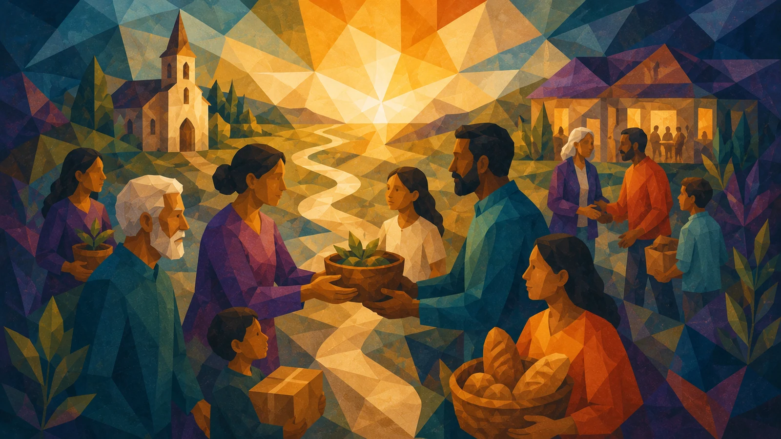 People sharing gifts and serving their community along a path between church and neighborhood.