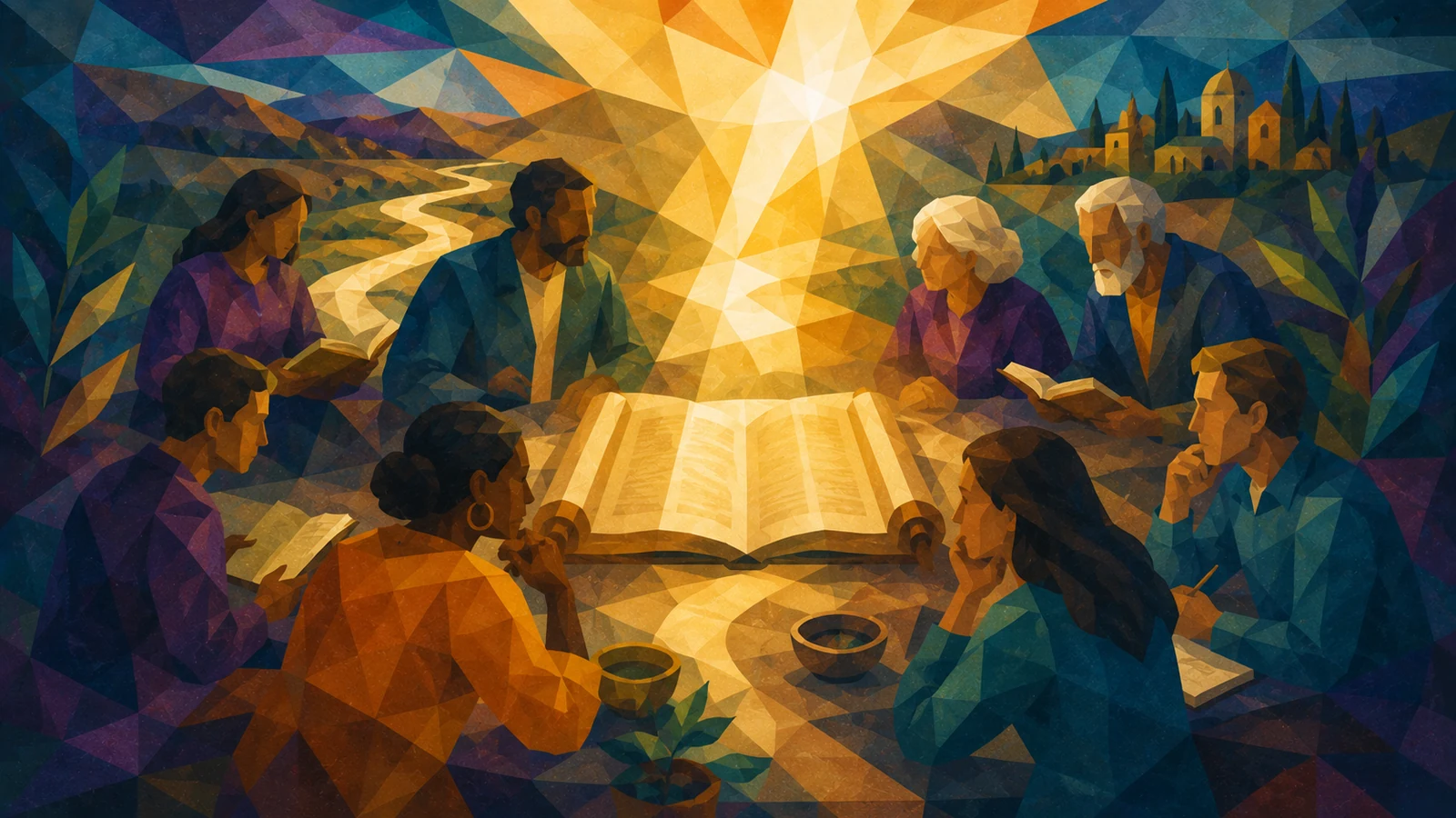 A community reading Scripture together around an illuminated open Bible.