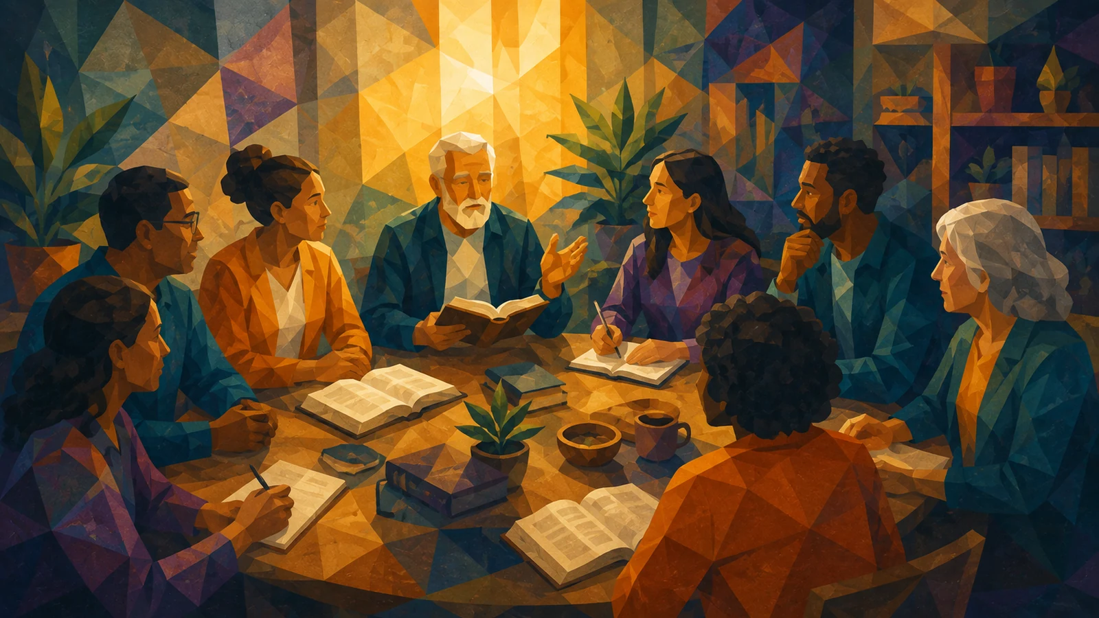 Church leaders and learners gathered around books and Scripture in conversation.