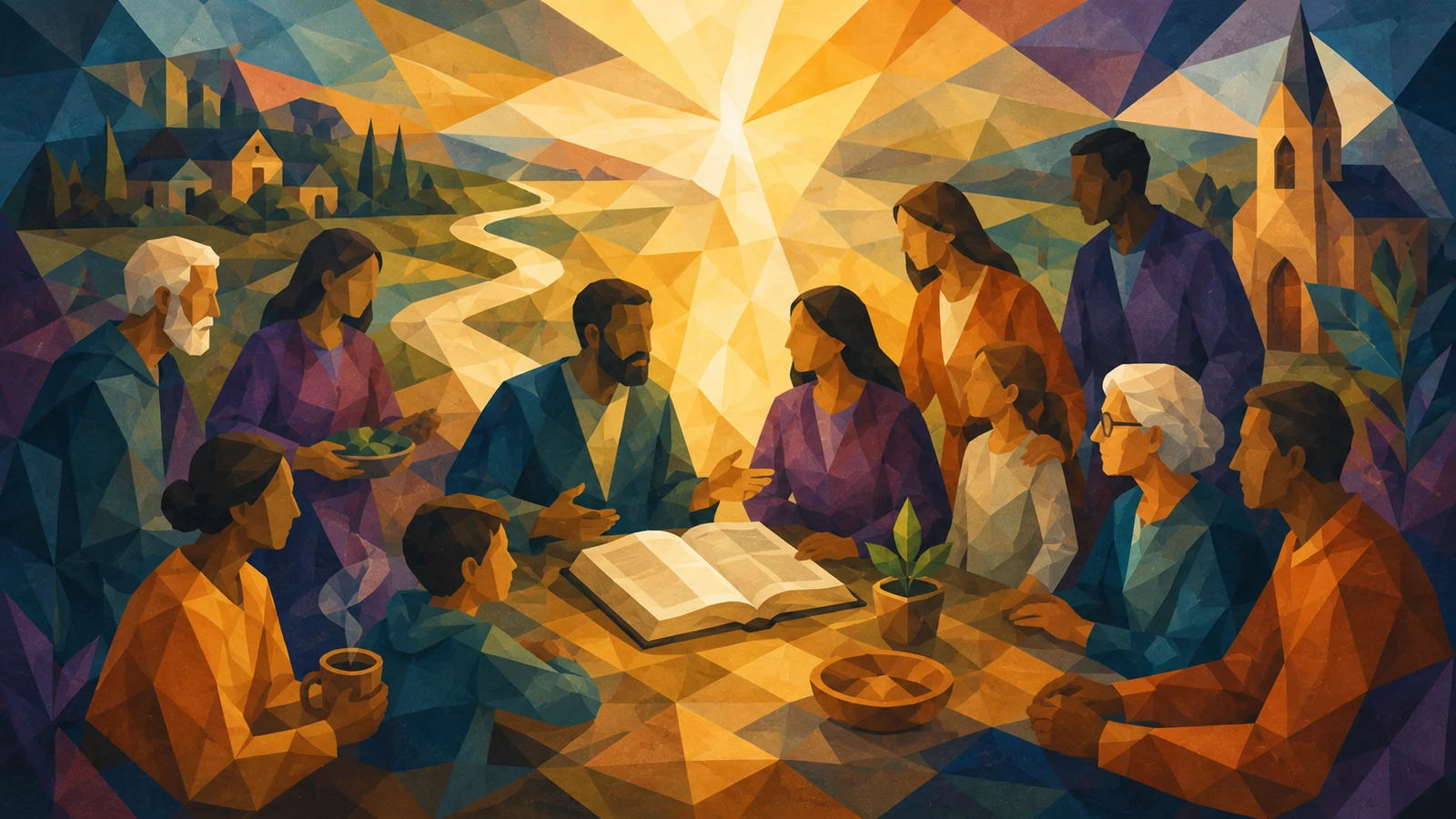 A diverse Christian community gathered around Scripture and table in radiant geometric light.