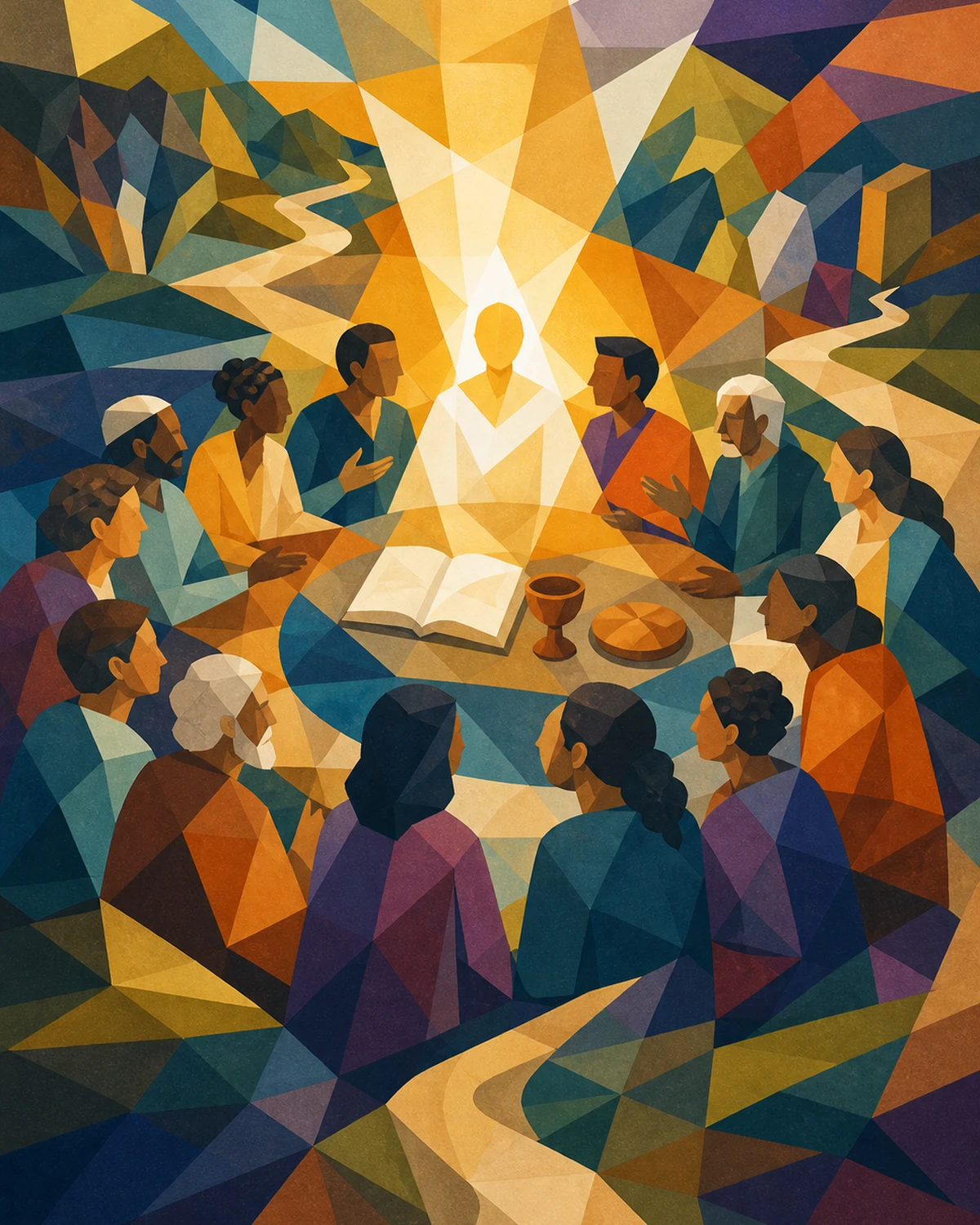 A diverse community gathered around Scripture and the table in faceted sacred-modernist style.
