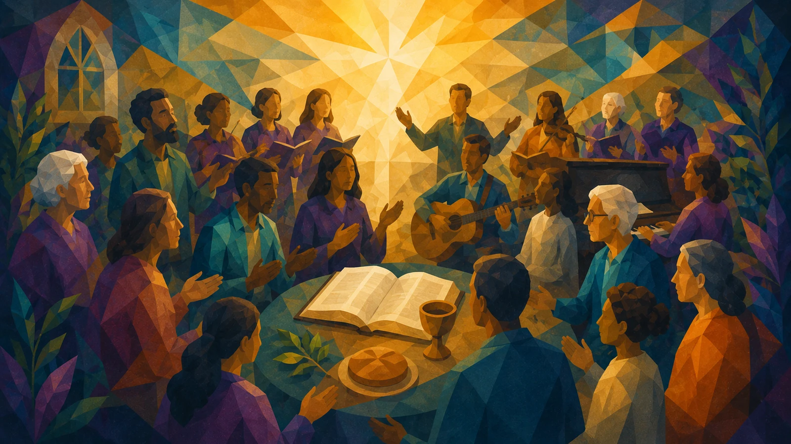 A diverse congregation gathered for worship around Scripture and the Lord's Table.