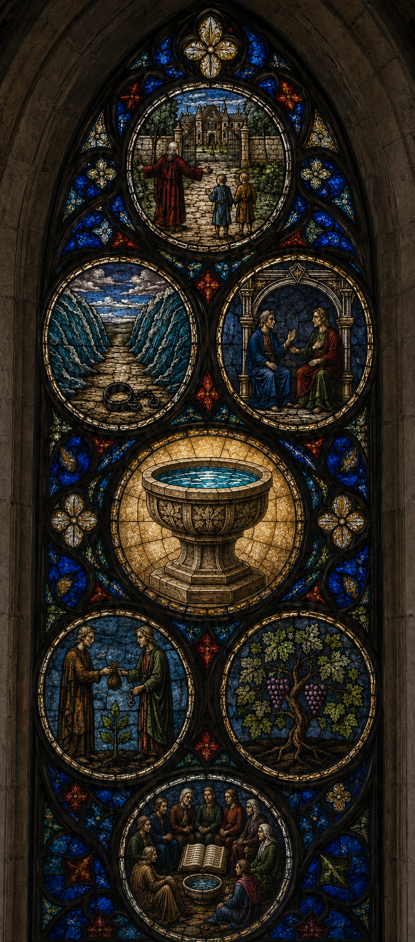 A traditional Gothic stained-glass window with six narrative panels surrounding an illuminated baptismal font.