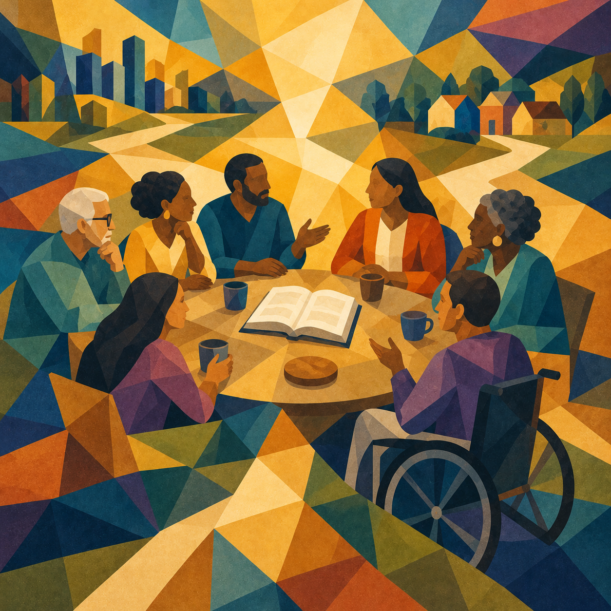 Faceted illustration of seven adults, including a wheelchair user, gathered around an open Bible, with paths connecting their table to the wider community.