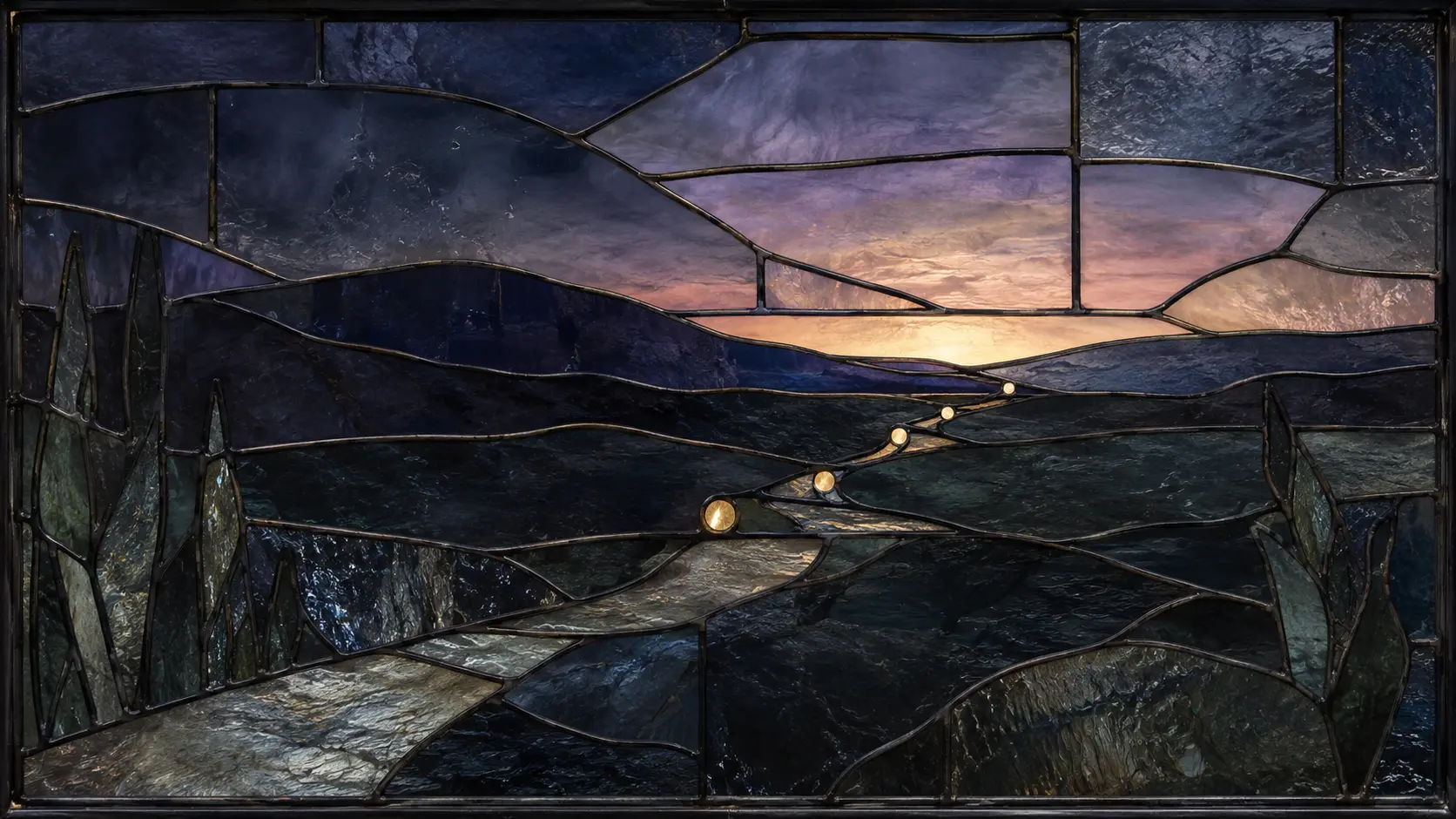 Five small lights mark a dark path toward dawn in a realistic stained-glass panel.