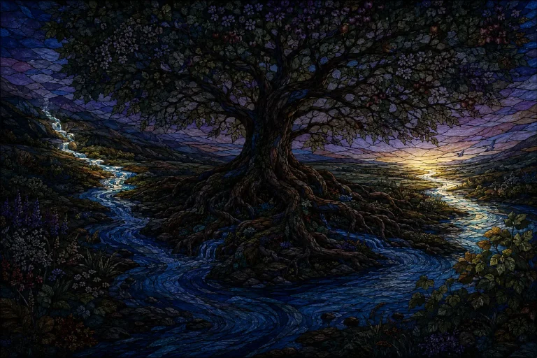 A predawn river flowing from distant headwaters toward the Tree of Life.