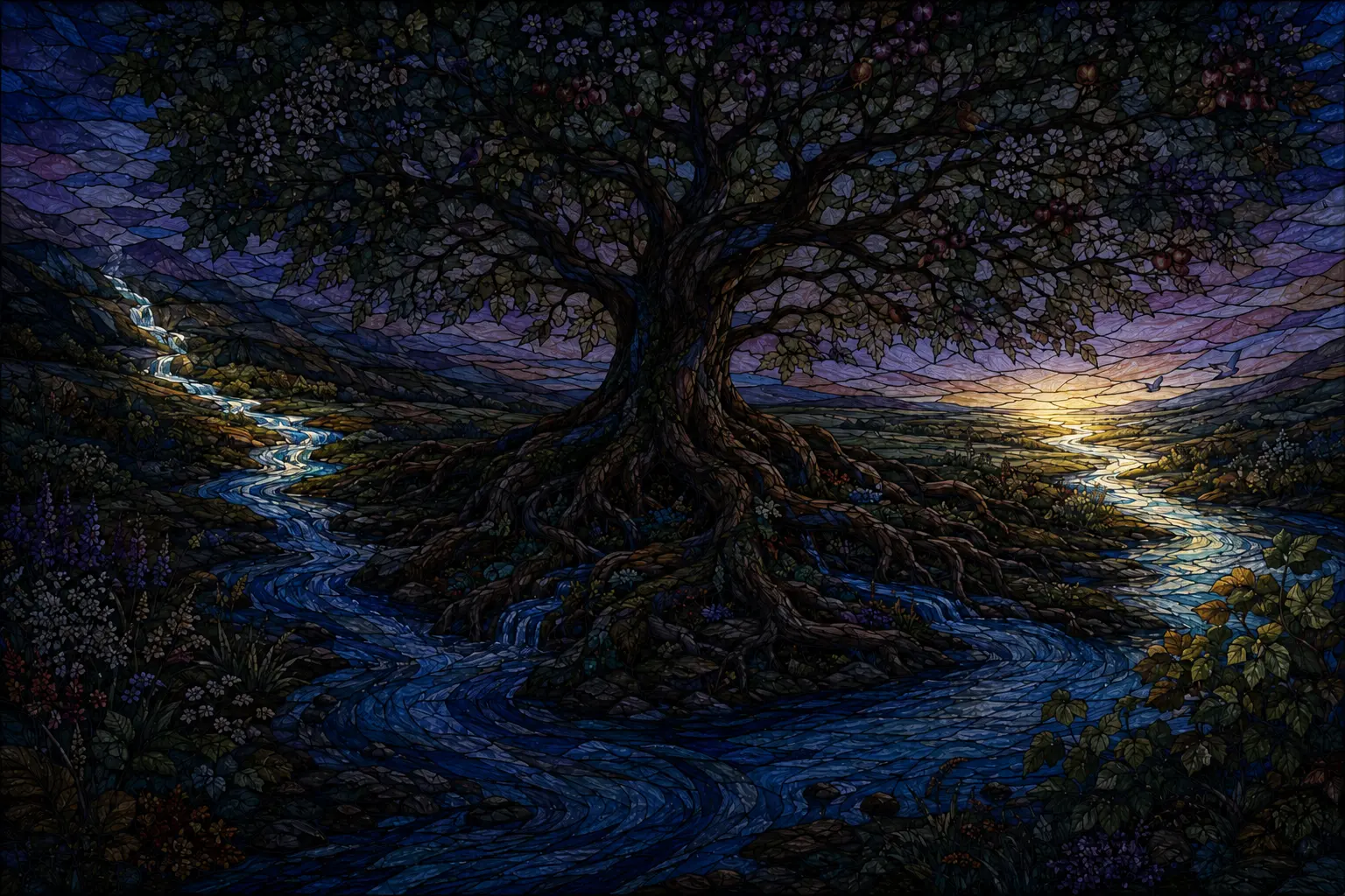 A predawn river flowing from distant headwaters toward the Tree of Life.