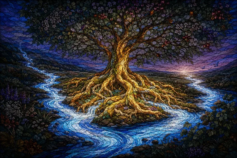 The Tree of Life rooted beside a river as dawn begins to illuminate its trunk.