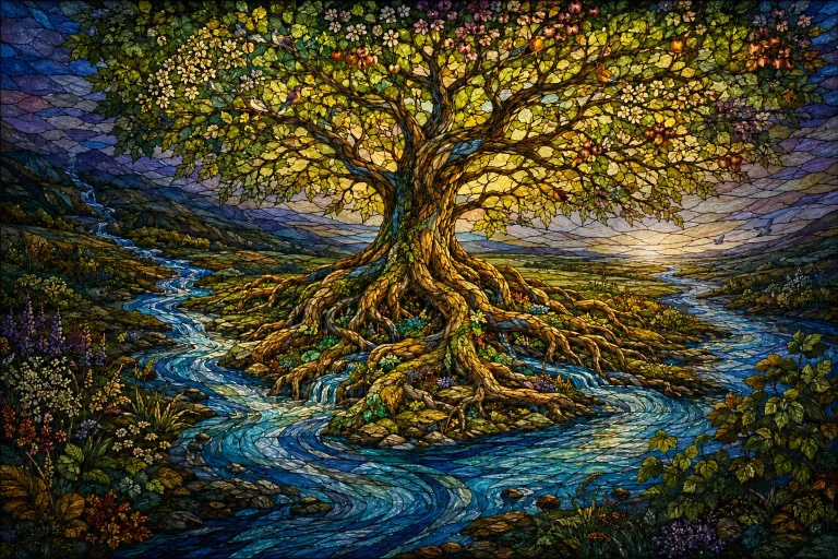 A glowing Tree of Life whose broad canopy gathers many branches beside the river.