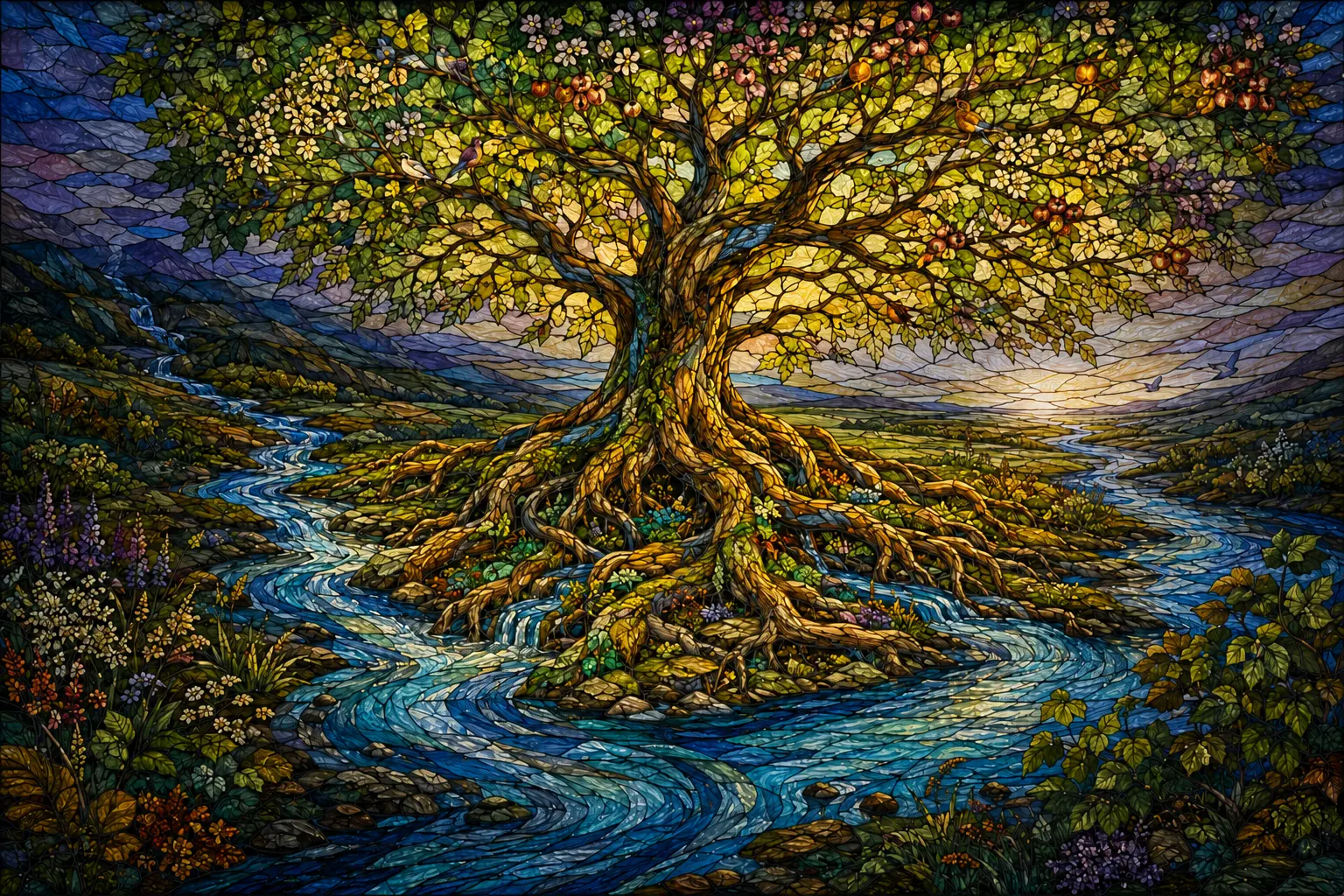 A glowing Tree of Life whose broad canopy gathers many branches beside the river.