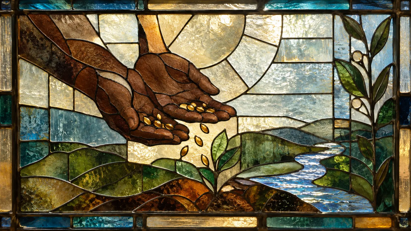 Dark brown hands scatter seeds toward new growth beside a river in a realistic stained-glass panel.
