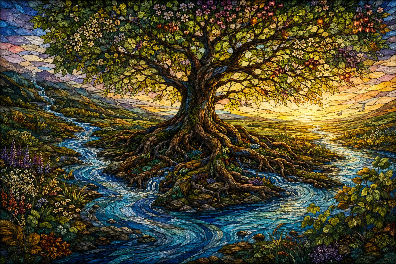A luminous stained-glass Tree of Life rooted beside a flowing river.