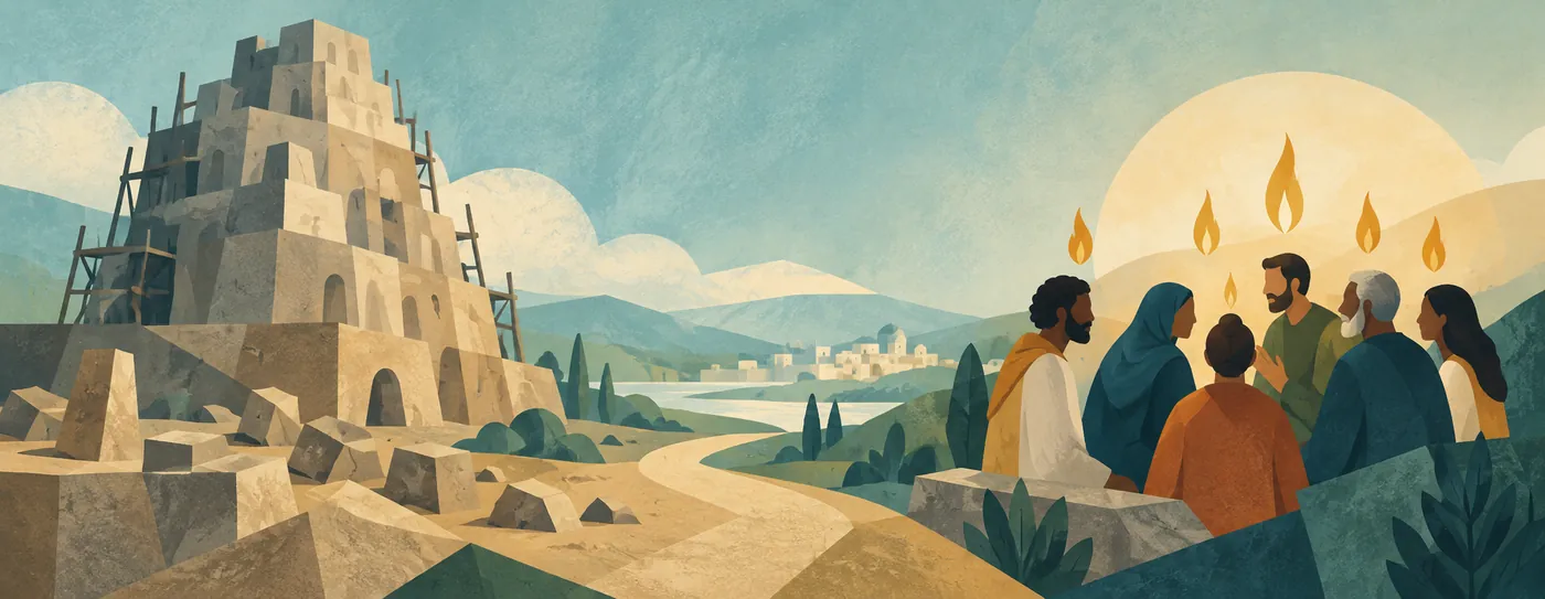 Faceted illustration of Babel’s unfinished tower and a Pentecost gathering beneath golden flames, connected across a landscape.